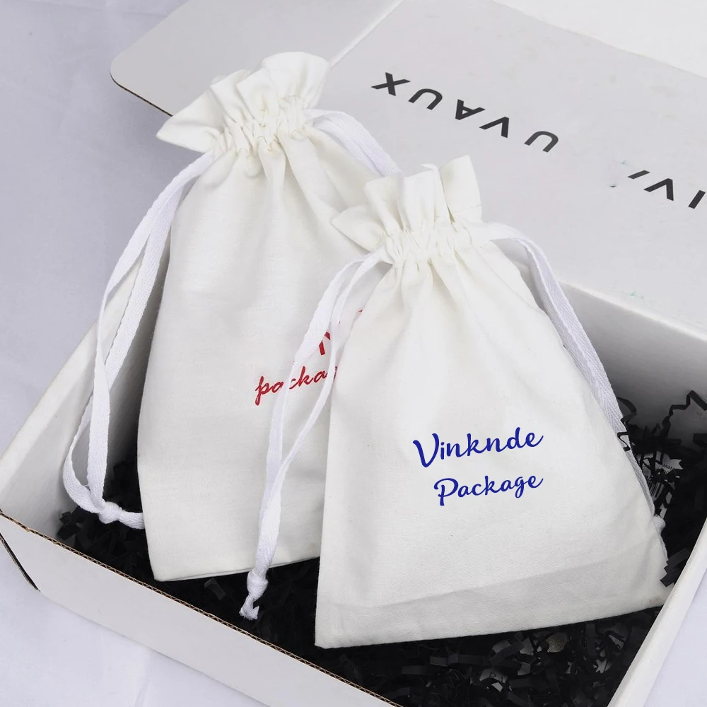 

100Pack Custom Logo White Cotton Jewelry Bags Ribbon Drawstring Gift Muslin Bags Wedding Favors Candy Perfume Party Event Pouch