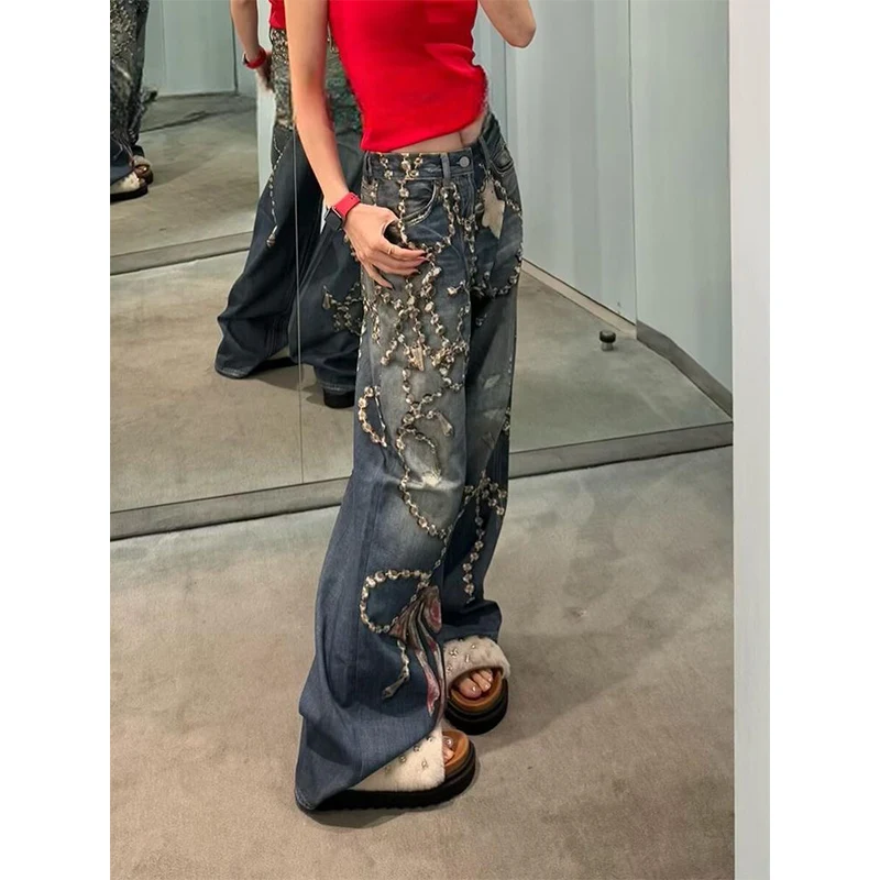 Pantalones vaqueros para mujer 2025 Otoño Invierno Tie Dye Harajuku Y2K pantalones vaqueros holgados japoneses Grunge corte ancho Vaqueros azules Vintage Goblin Core