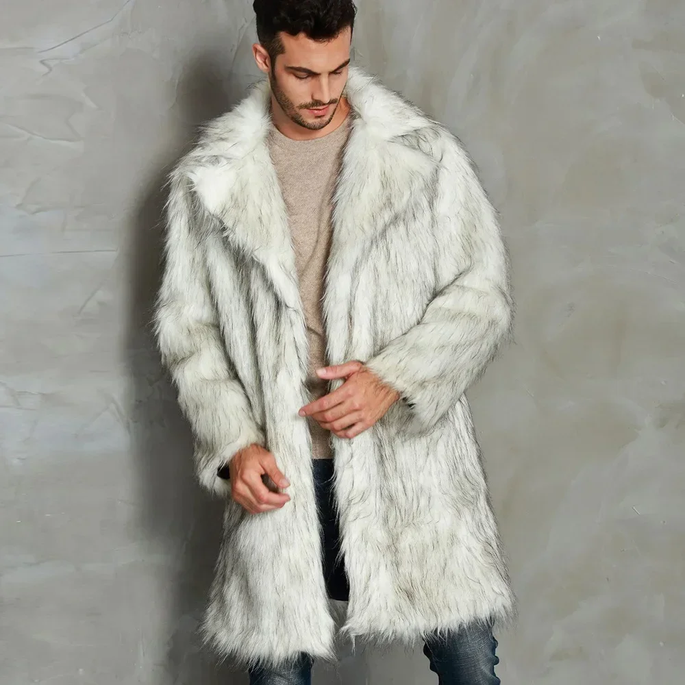 Men\'s Coat Warm Faux Fur Loose Autumn Winter Brown Long Coats Turn Down Collar Sleeve Men High Waist Maxi Elegant 2023 Jacket