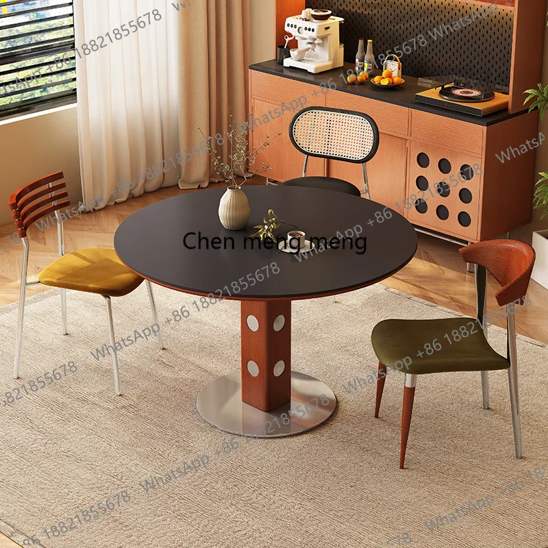 

Vintage Kitchen Dining Room Table with Rock Slab Surface Stylish Space-Saving Round Dining Tables Sturdy Dinner Table for Home