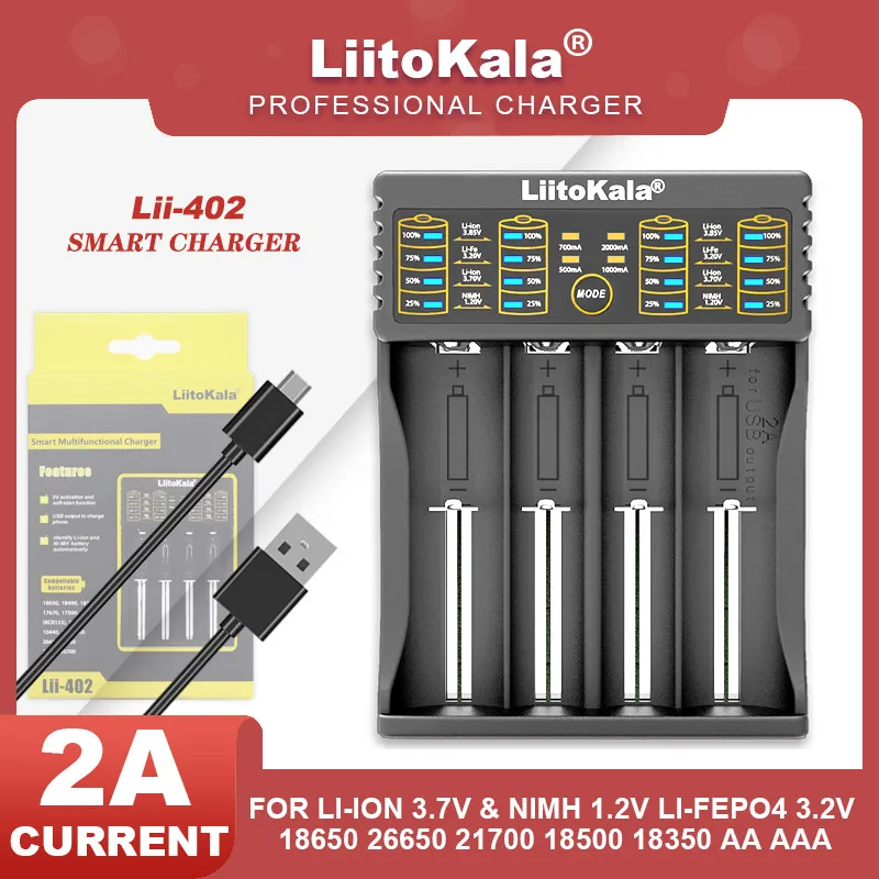 Liitokala Lii-402 Lii-202 5V2A Output Type C- line Interface Universal 3.7V 3.2V 3.85V 18650 21700 Rechargeable Battery Charger