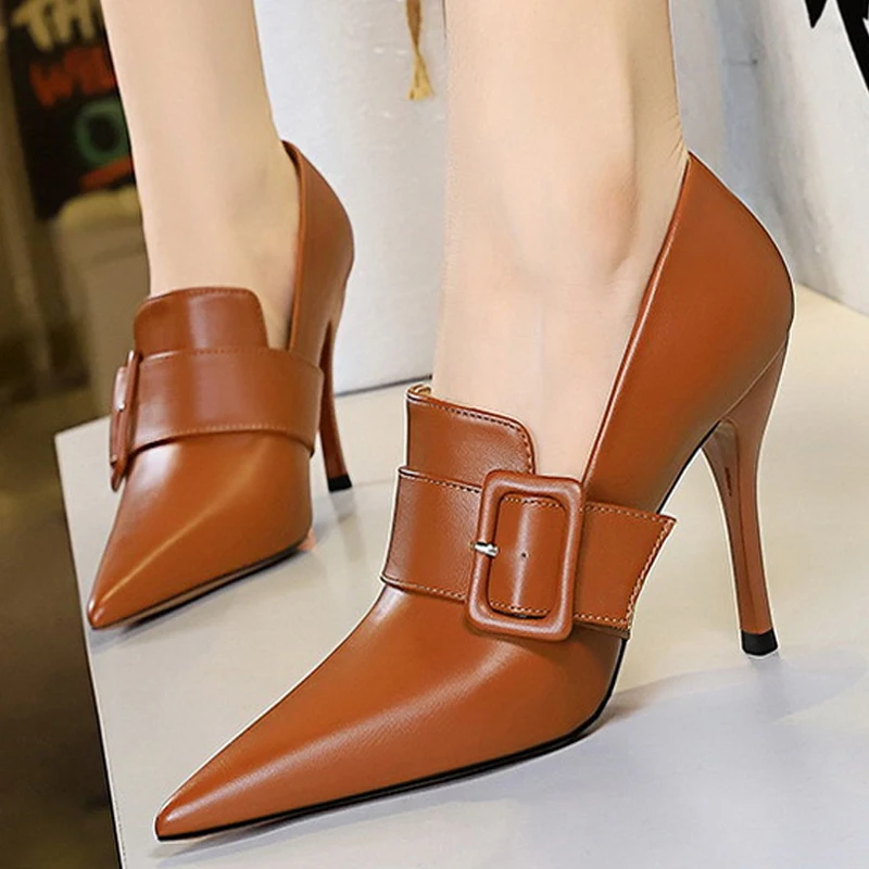 2024 New Pointed Shoes Women Pumps Belt Buckle Decoration High Heels Pu Leather Shoes Female Stilettos Heels Office Career Pumps