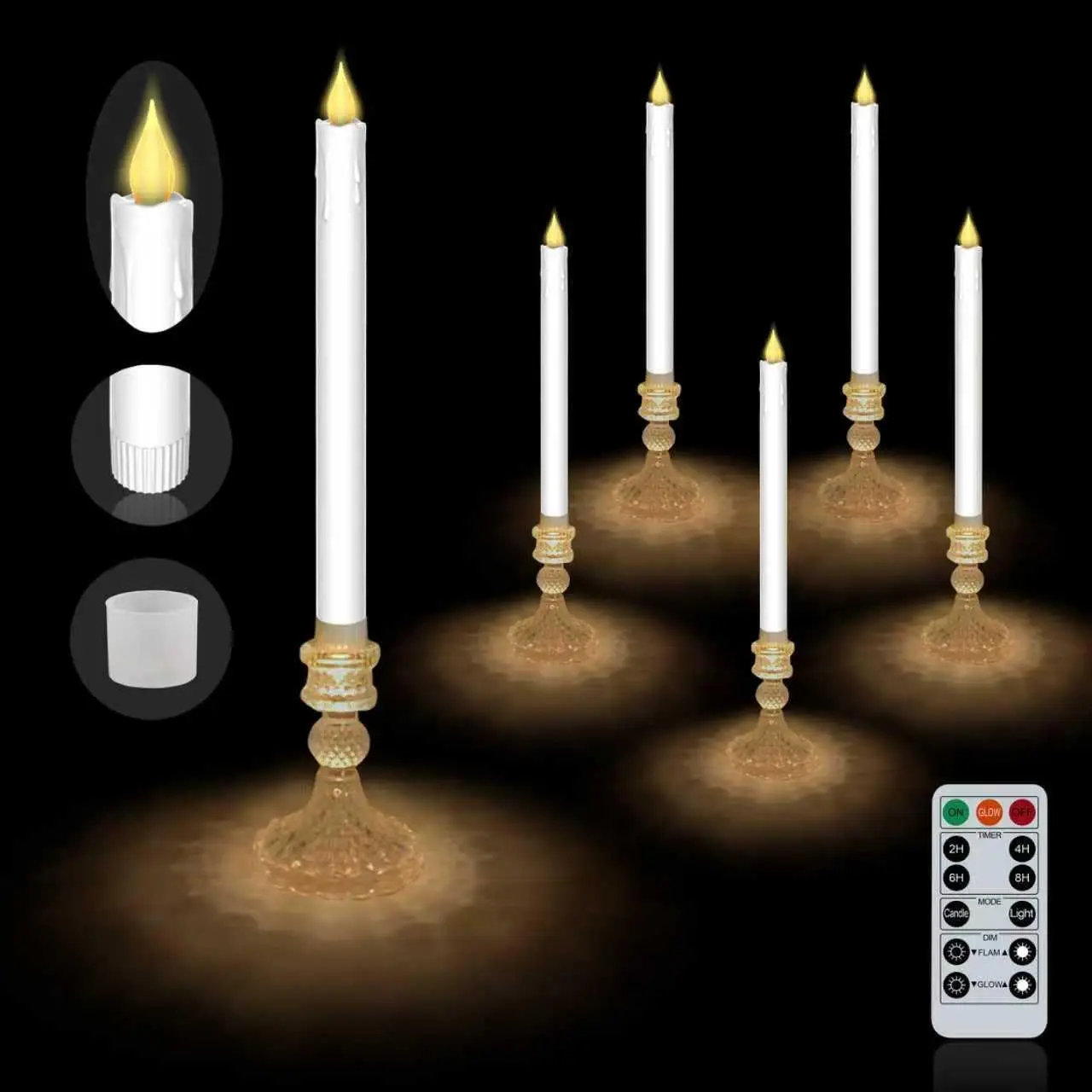 

Flameless Taper Candles with Illuminated Glass Holder, Remote Timer, Battery Operated for Thanksgiving/Xmas Decor, Wedding Centerpiece (White, 6 Pack)