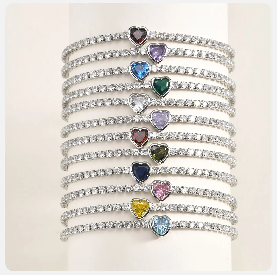 Vnox Exquisites Romantisches Herz-Geburtsstein-Tennisarmband für Frauen, Verstellbares AAA-Zirkonia-Armband, Persönliches Geburtstagsgeschenk – Detail 6
