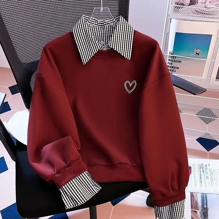 Women Sweatshirt Burgundy Heart Print French Style Mock Layered Loose Casual Fall 2026 Trendy Streetwear Tops