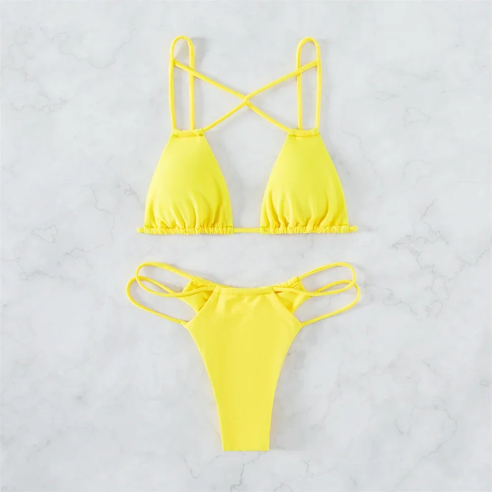 Biquíni amarelo extremo cruz corda sem costas sexy oco para fora sling maiô banho feminino praia micro tanga triângulo maiô