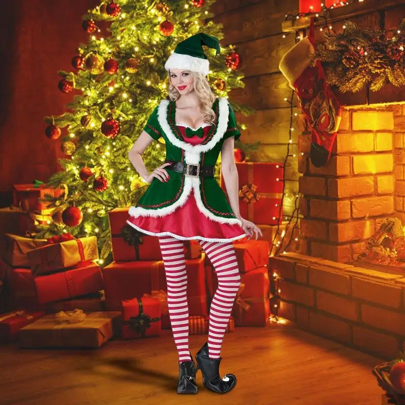 Disfraz de elfo de Navidad para mujer, traje Sexy de elfo, vestido de Papá Noel, fiesta de vacaciones, color verde