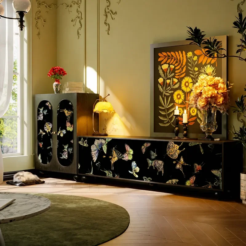 Medieval Style Butterfly TV Cabinet Solid Wood Storage for Living Room Entrance Decorative Vertical Cabinet