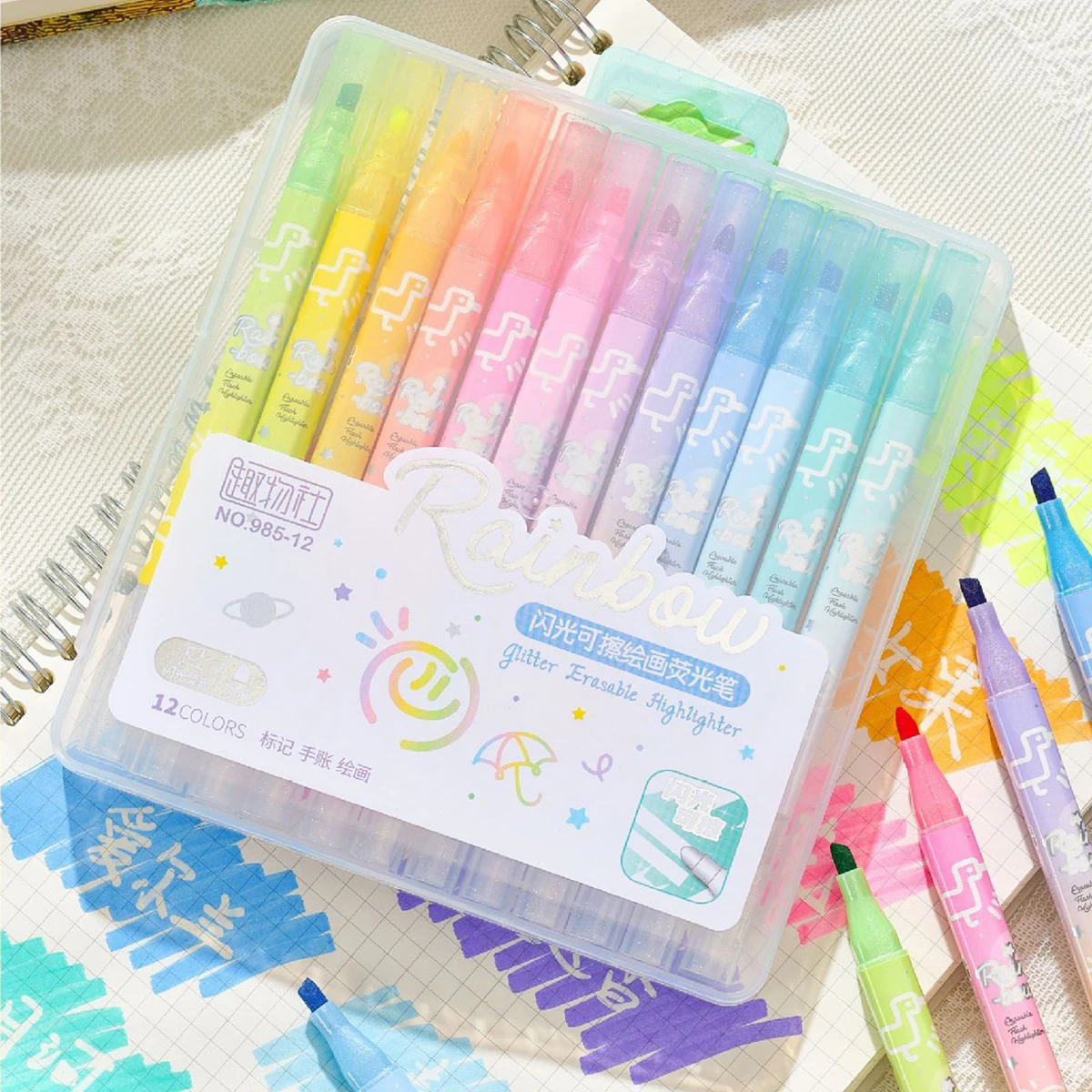 6/12 Farben Kawaii löschbarer Glitzer-Textmarker, Meißelspitze, Textmarker, Sammelalbum, bemalt, Schreibwarenzubehör