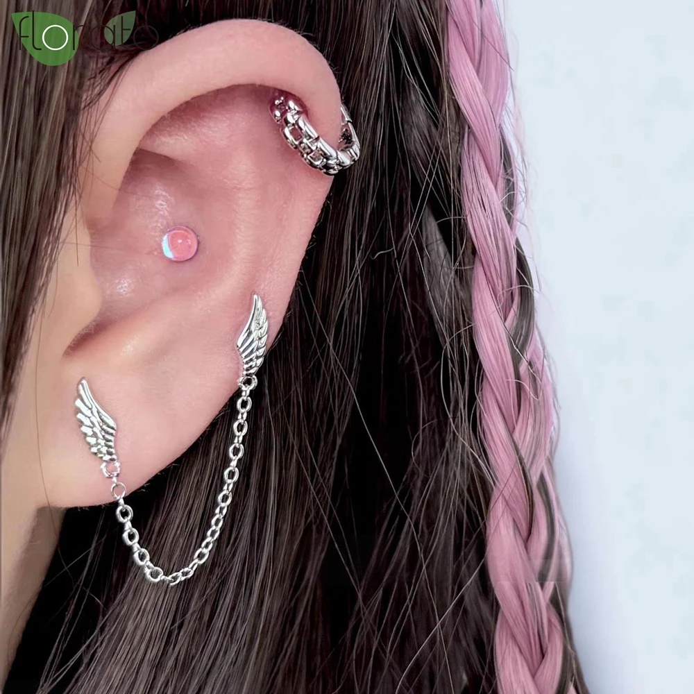 2024 New Double Ear Studs Tassel Chains Hanging Earrings for Women Gold Color Angel Wings Earrings Fashion Piercing Jewelry Gift - view 4