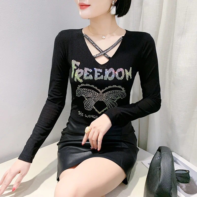 Black,Korean,Style,Thick,Winter,T-shirt,Chic,Sexy,V-Neck,Shiny,Diamonds,Hollow Out,Women,Tops,Long Sleeve,Tees,2025,New,4120103