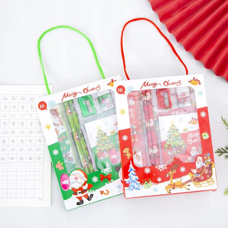 Série Natal Kids Stationery Kit, Estudantes Régua, Lápis Eraser, Sharpener, Notepad, Escola Recompensas Suprimentos, 6pcs por conjunto