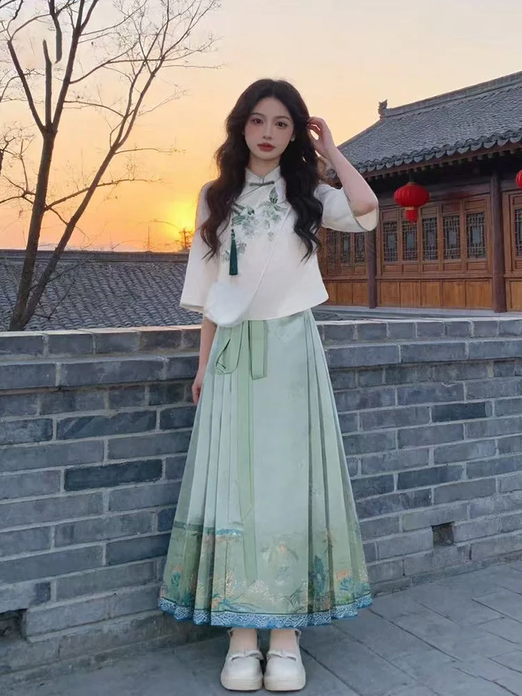 

Spring New Chinese Style Embroidered Button High Waist Slimming Hanfu Top And Skirt Set Women's Fashion Ensemble Casual Wear