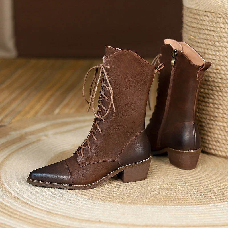 Western Boots Cowgirls Winter Shoes Woman Cowhide Spring Autumn Botas Cross Tied Boots Pointed Toe Med Heel 5 CM Retro Botas