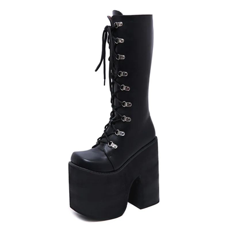 

Punk Nightclub Stage Catwalk High Heels Thick Sole Heightened Thin Knight Boots Zipper Strap Large Size Women's Boots 35&43