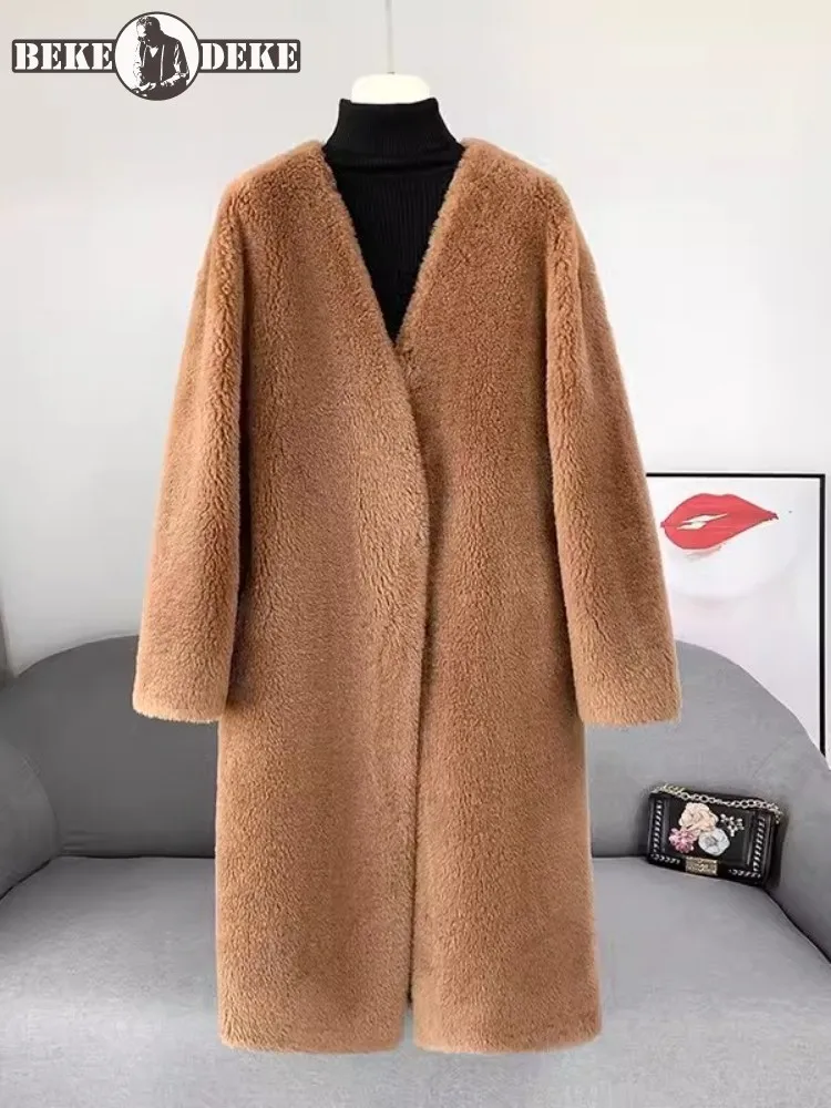 

Women Autumn Winter Fashion Sheep Shearing Long Coat Fashion Office Ladies Casual V-Neck Single Button Straight Lamb Wool Jacket