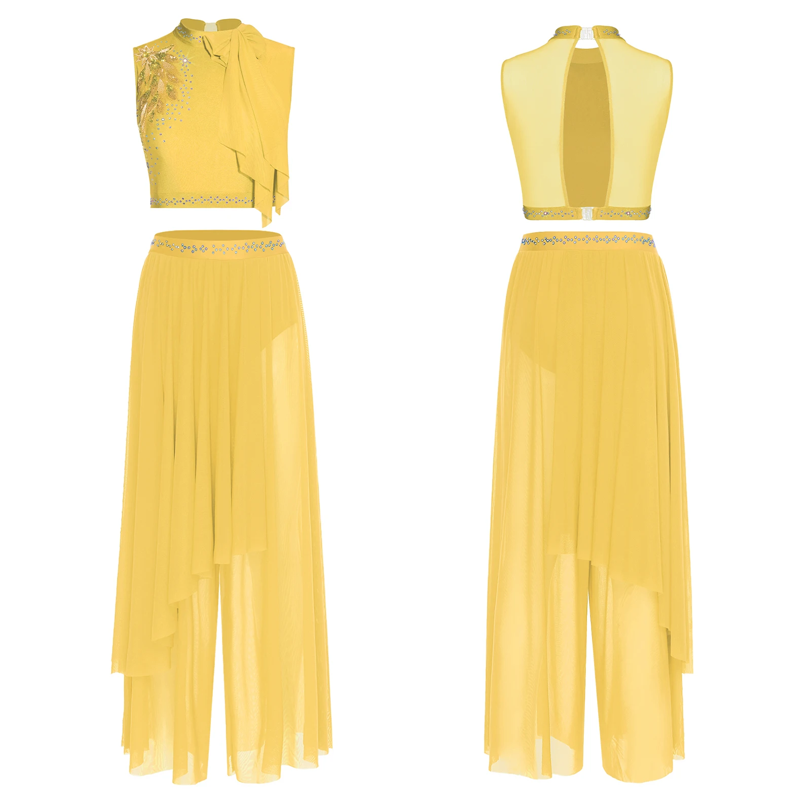 

Women Professional Elegant Contemporary Dance Outfit Glittering Sequin Sleeveless Hollow Back Crop Top with Wide Leg Mesh Pants