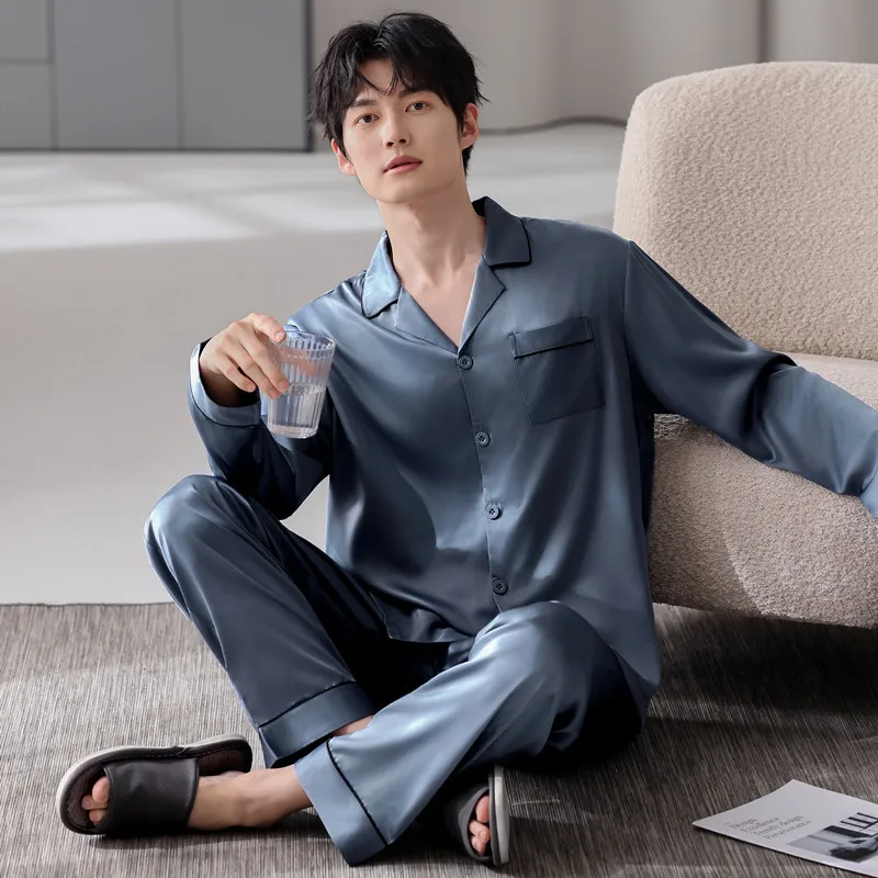 Satin Pajamas Set for Men Spring Cardigan Sleepwear Big Size L-4XL Homewear Young Boy Long Sleeves Trouser 2pcs/set Loungewear