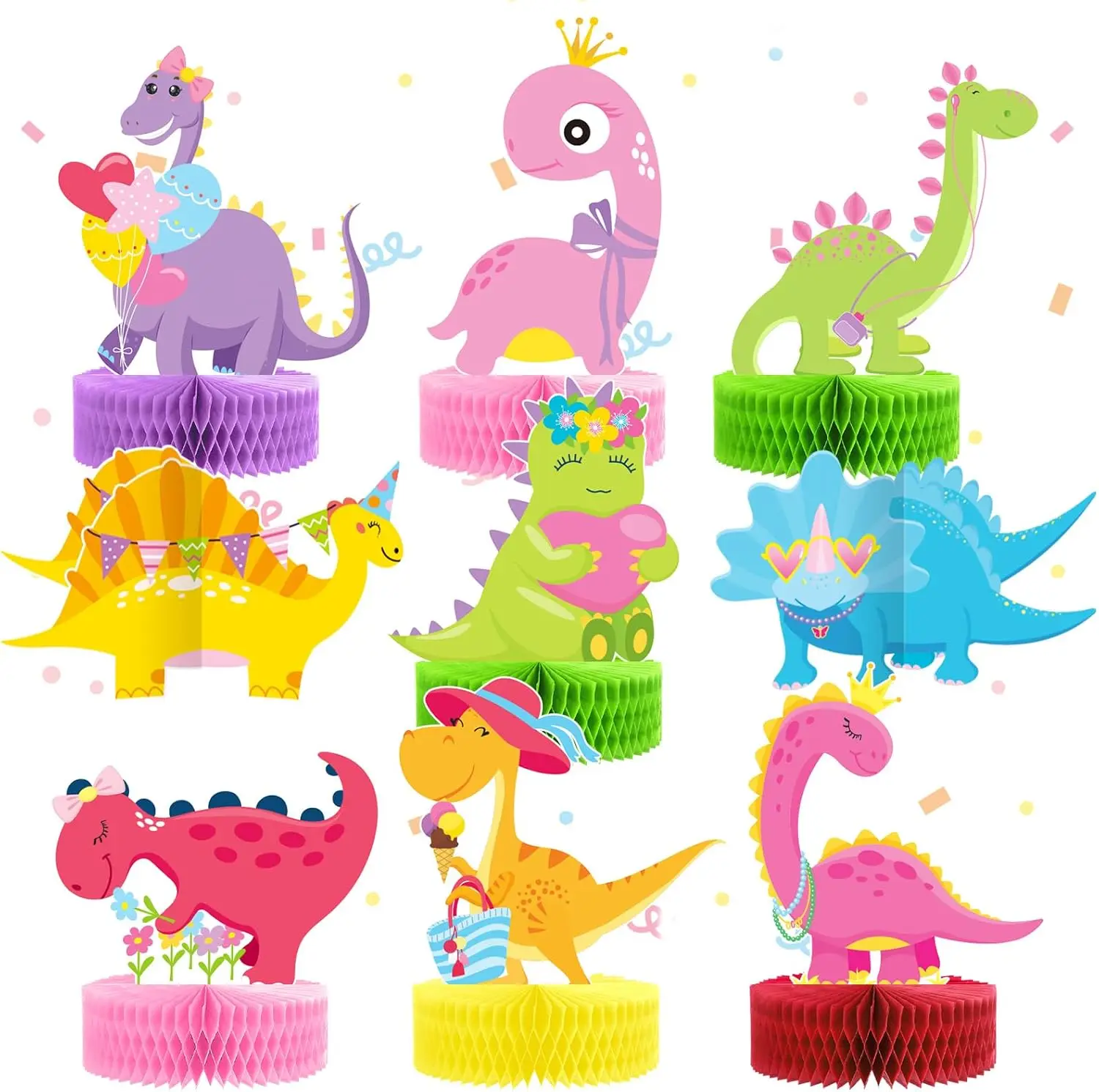 

9Pcs Pink Dinosaur Birthday Decorations for Girls Party Table Centerpieces Honeycomb Toppers