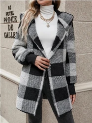 Winter Coats Woman 2024 Vintage Loose Plaid Woolen Cardigan Jacket Hooded Sweatshirt Casual Medium To Long Plush Cardigan Jacket