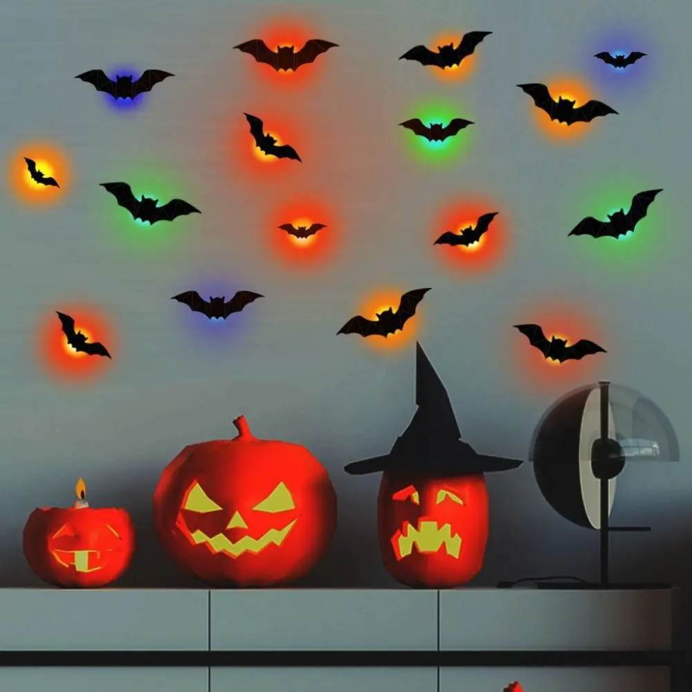 16pcs 3D Luminous Bat Wall Sticker PET Material Self-Adhesive LED Bat Light Glow in Dark Reusable Glowing Wall Sticker