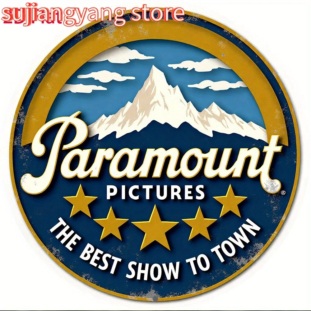 2D مسطح، قطعة واحدة من صور Paramount العتيقة، لافتة ألومنيوم مستديرة - 20.32 سم لوحة فنية جدارية معدنية قديمة مع تصميم الجبال والنجوم، "The B