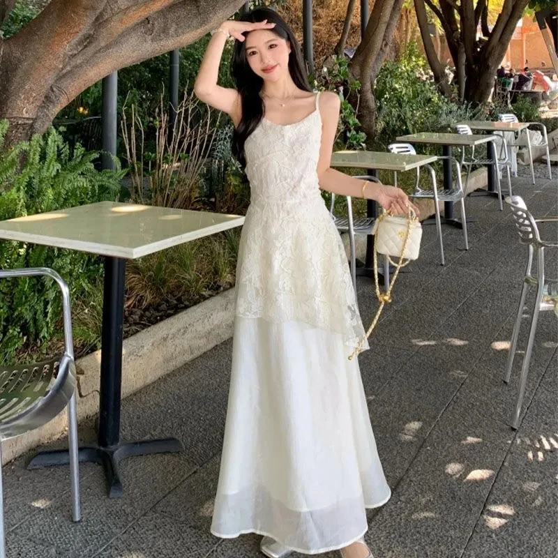 French Elegant Camis Dress for Women Fashion Lace Patchwork Irregular Midi Dress Summer New Beach Vacation Embroidered Vestidos