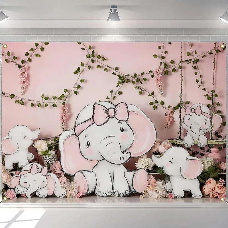 

LS Photography Background Cute Elephant Bow Floral Decor Baby Shower Birthday Cake Smash Kids Portrait Photo Backdrop Studio