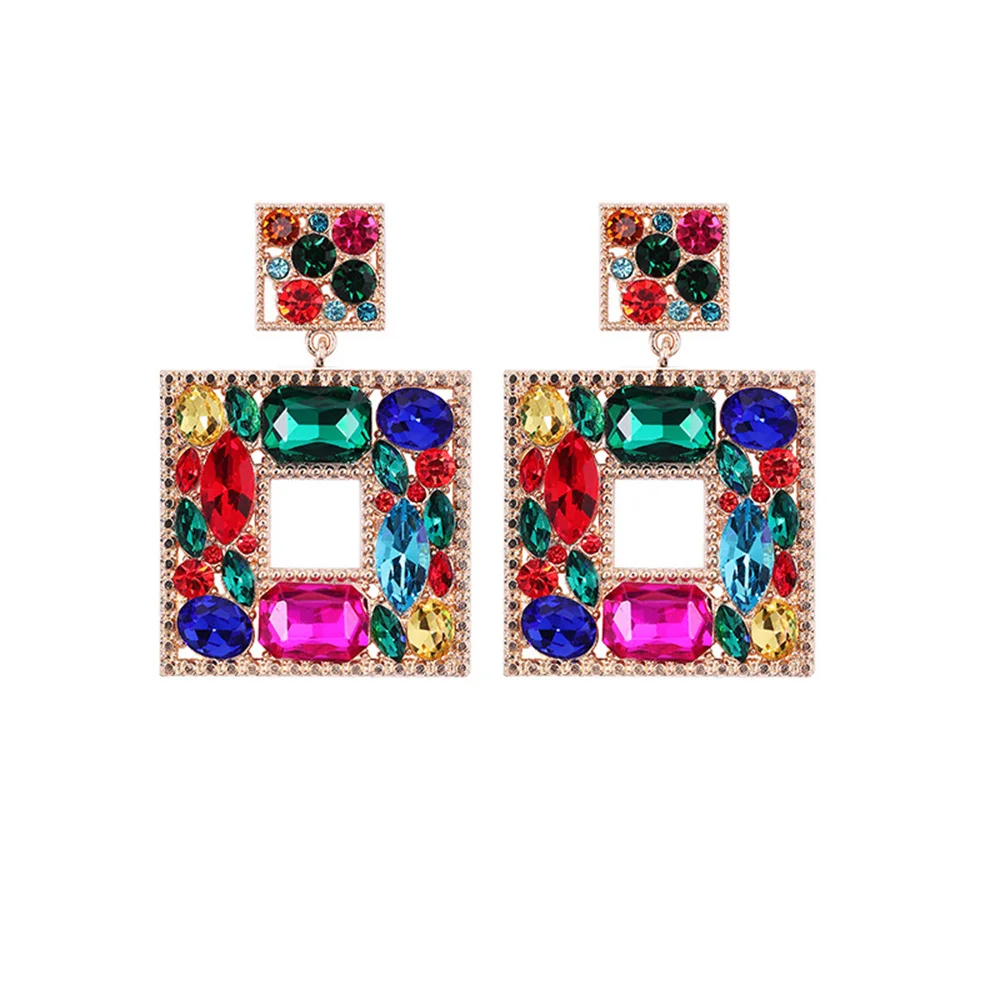 Luxury Colorful Crystal Gem Square Dangle Design Earring Exaggerated Woman\'s Jewelry Vintage Bridal Valentine\'s Earrings Gift