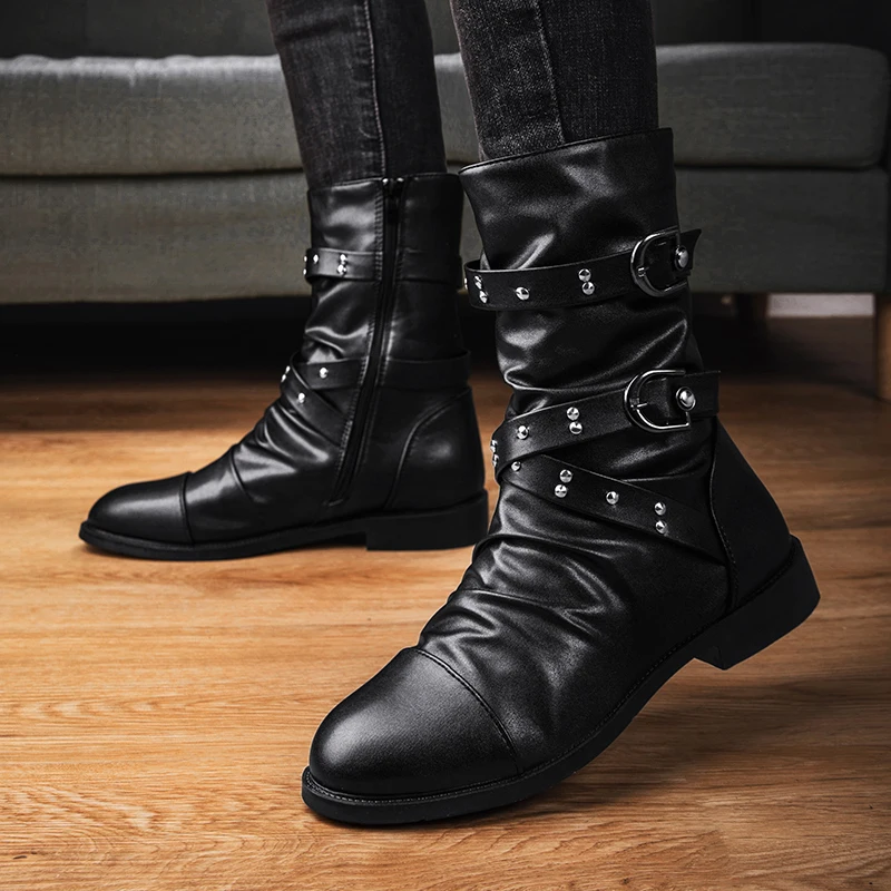 

High Quality Men Perform Show Leather Boots Men Basic Locomotive Boots Black Punk Rock Shoes Men's Tall Boots Size 37-45 New2023