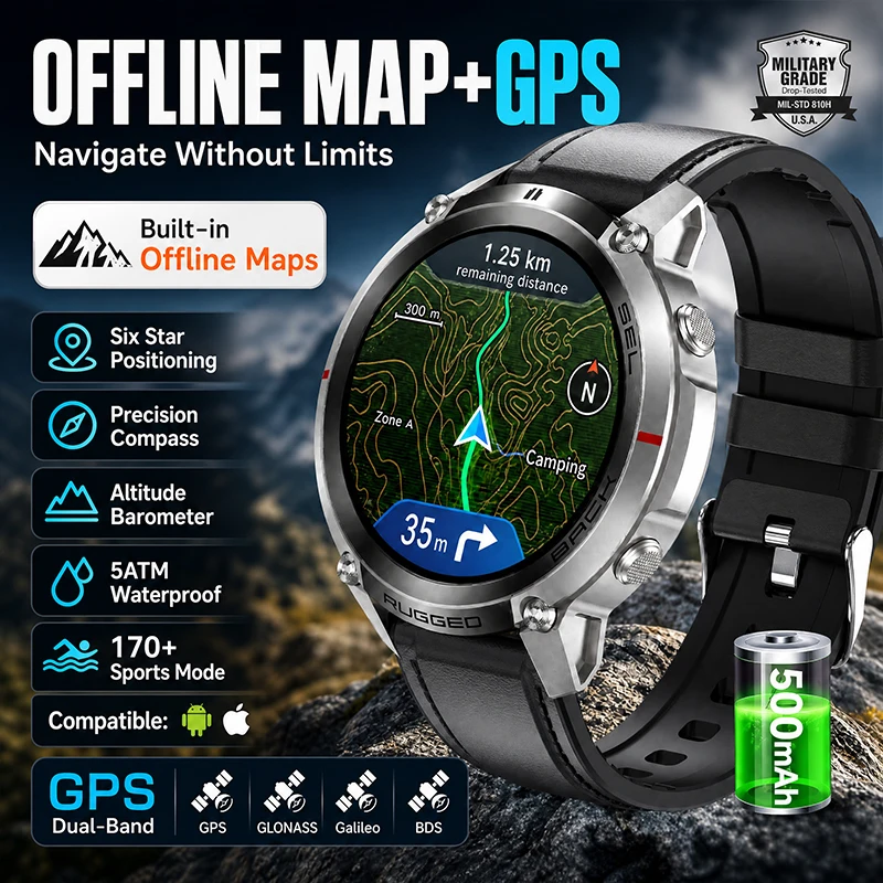 2026 New Offline Map Outdoor Sports Smart Watch Men GPS 5ATM Waterproof Compass Heart Rate Military Bluetooth Call Smart Watches