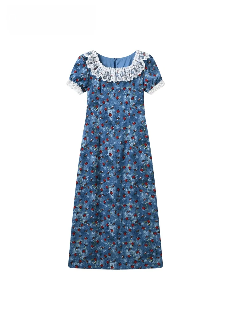 

Summer New Large Size Women's Dress Lace Square Collar Floral Print A-Line Skirt Casual French Style Polyester Fiber Long Dress