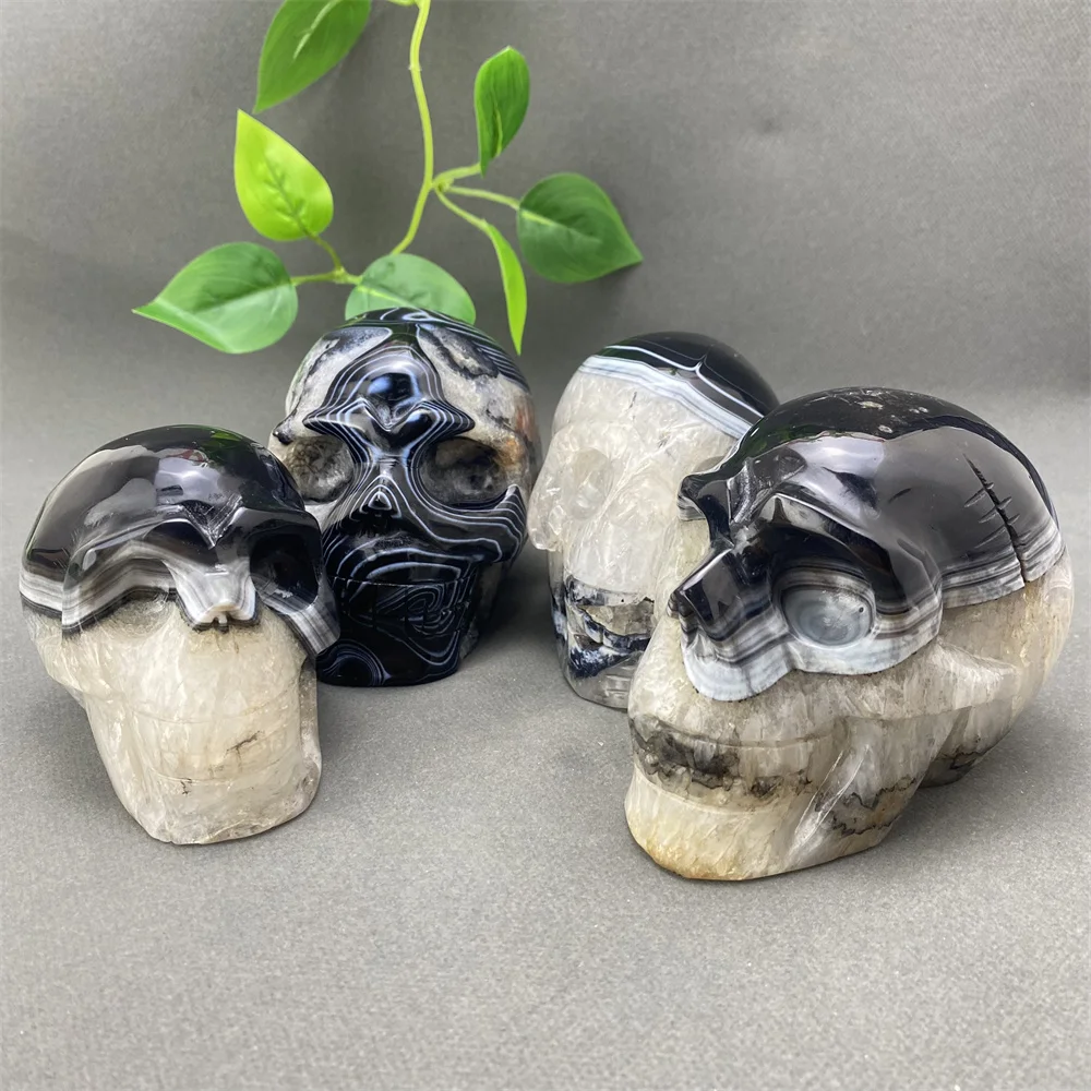 Natural Striped Black Agate Carved Large Skull Hand Polished Skull Halloween Meditation Home Decoration