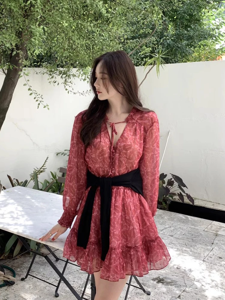 Korejpaa Korean Fashion Women Dress 2024 Spring French Elegant Ruffle Flower Printed Mini Dresses Casual Slim Chiffon Vestidos