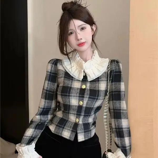 

Pearl Doll Collar Plaid Woolen Coat Small Fragrant Style Women Autumn Winter New French Temperament Short Long-Sleeved Top