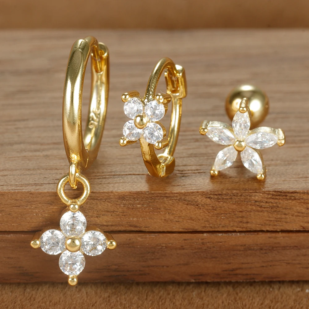 3PCS Simple Four Flower Zircon Little Hoop Earring Stainless Steel Star Cartilage Piercing Earring Set for Women Fashion Jewelry