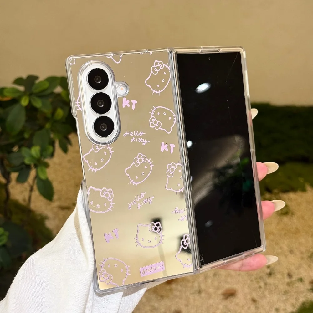 Luxury Makeup Mirror Line KT Cat Short Rope Phone Case For Samsung Galaxy Z Fold 7 6 5 4 3 Shockproof Protective Acrylic Cover view 2