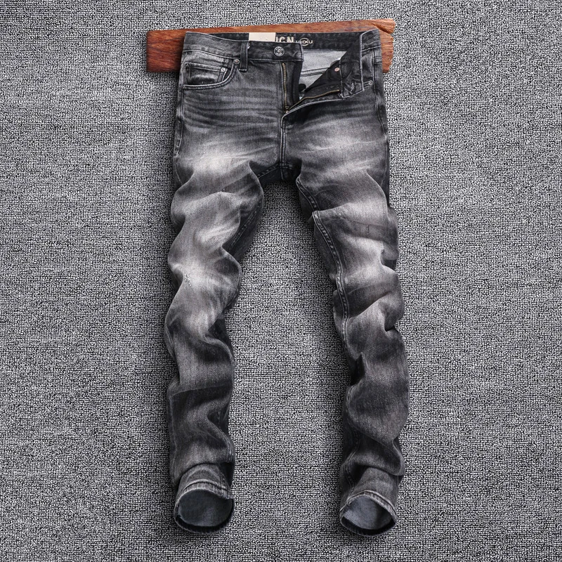 

Italian Style Fashion Men Jeans High Quality Retro Gray Slim Fit Stretch Ripped Jeans Men Trousers Vintage Denim Pants Hombre