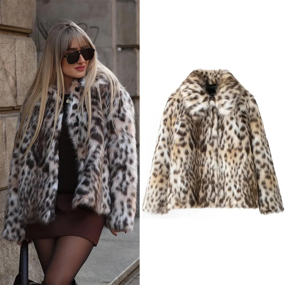 

Woman Lapel Long Sleeves Side Pockets Casual Winter Jacket Women Coat Leopard Print Faux Fur Loose Slim Warm Coat Mujer Female