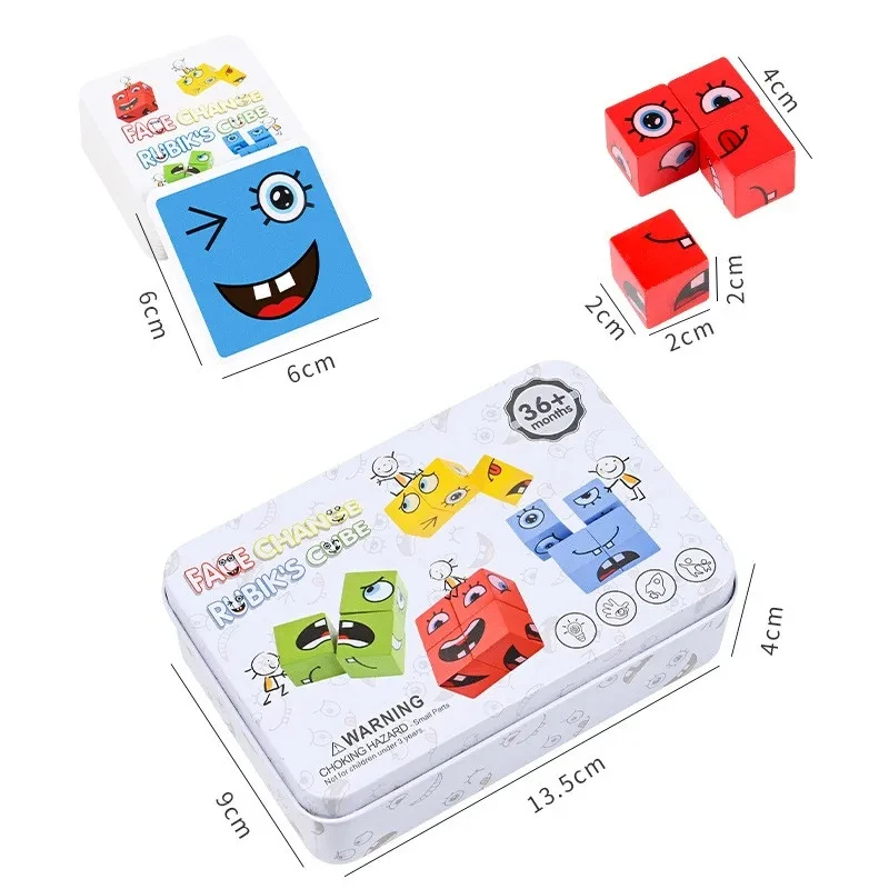 Baby Woodiness Changeable Face Cube Blocks Toys Kids Early Education Expression Puzzle Color matching Building Blocks Game Toys