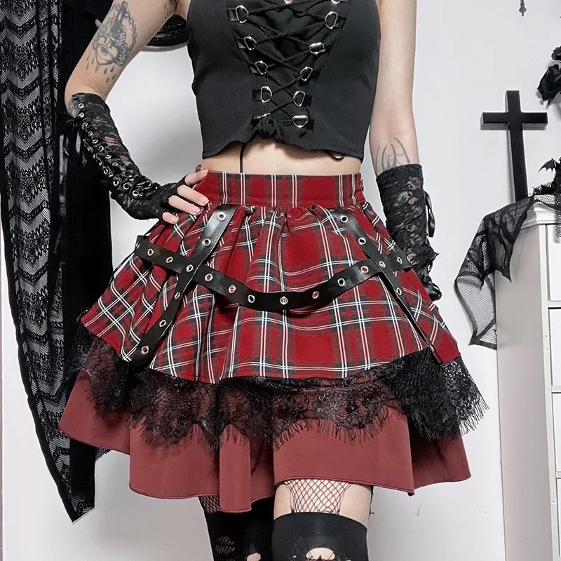 Y2k Gothic Punk Rock Women Red Grid Cake Mini Skirt Pleated Skirt Vintage Ruffle Skirts Esthetics Korean Fashion Clothing Summer