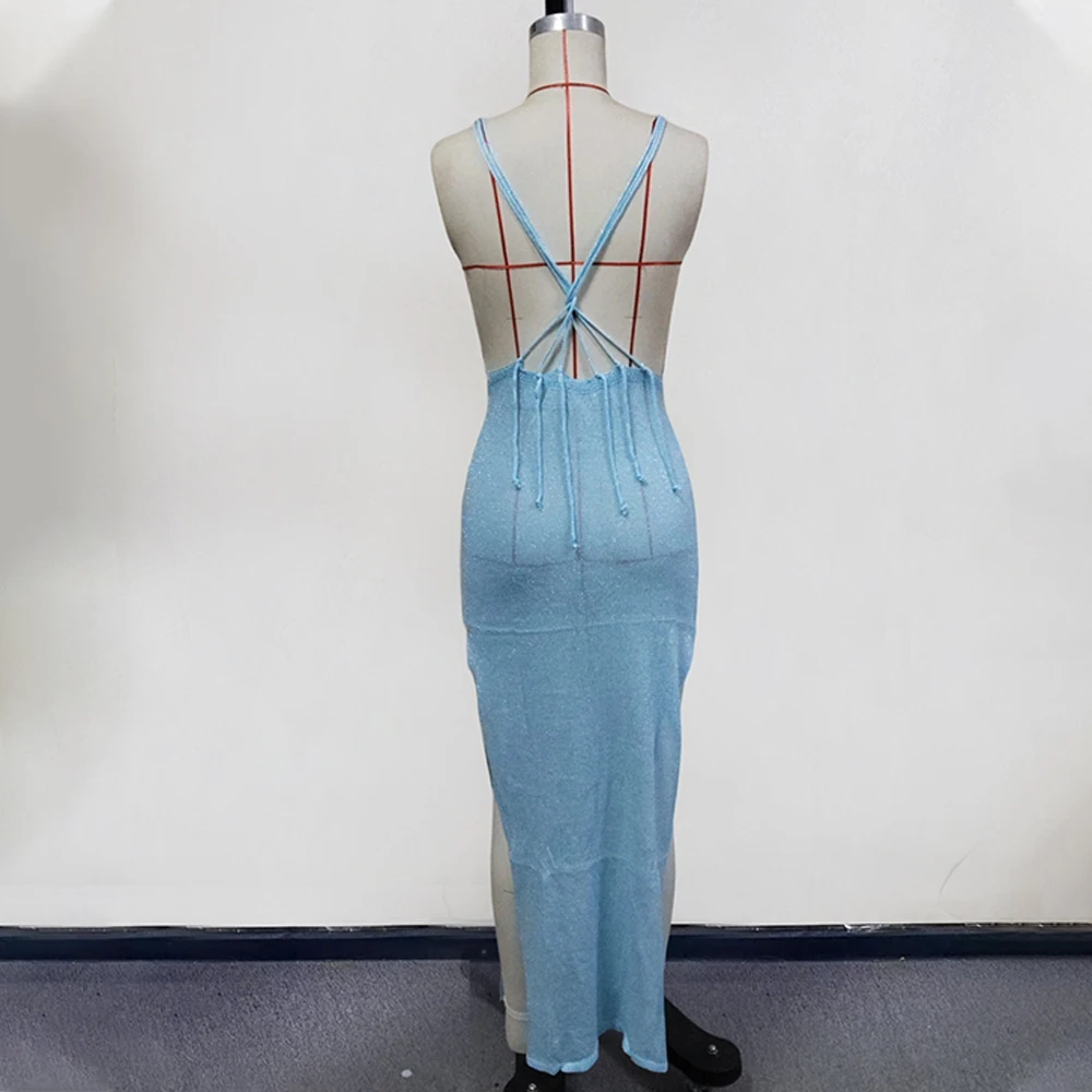 2026 Neues gestricktes Cover-Up-Strandkleid, sexy, durchsichtiger Schlitz, figurbetontes Sommerkleid, Bikinis, Vertuschungen, elegantes Neckholder-Strandkleid