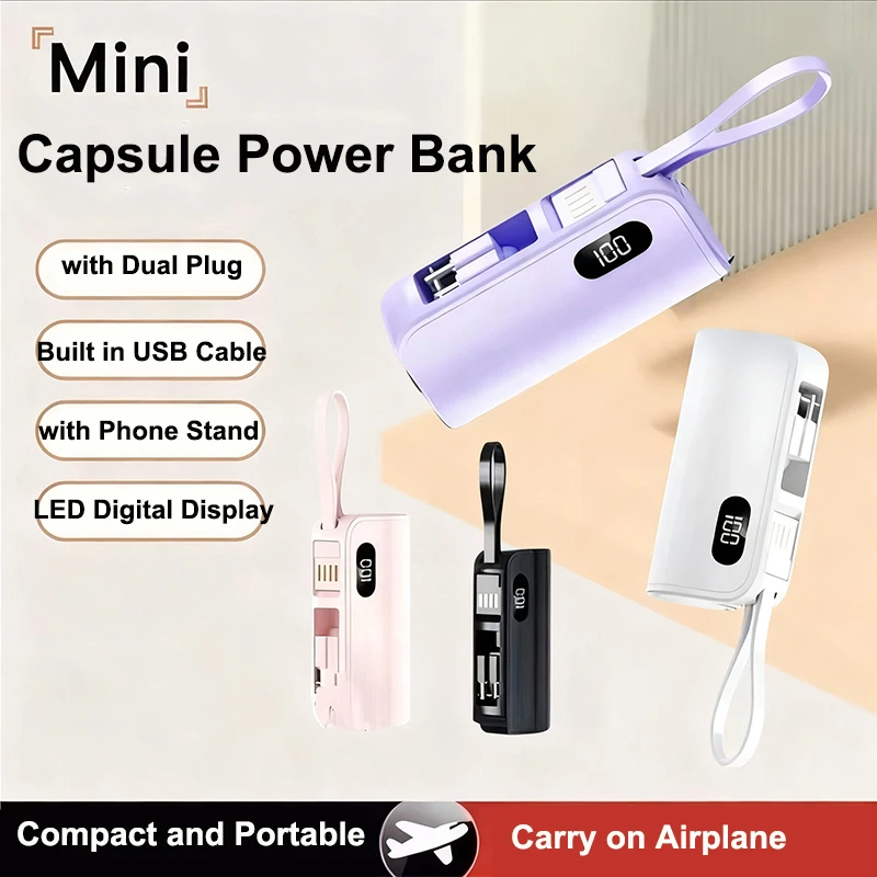 

5000mAh Mini Capsule Power Bank Built in Cable Dual Plug Fast Charging External Battery for iPhone 17 16 X Samsung Xiaomi Huawei