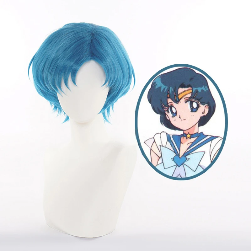 

Anime Sailor Moon Mizuno Ami Cosplay Wig Blue Hair High Temperature Wire Hair With Wig Cap For Women Girls