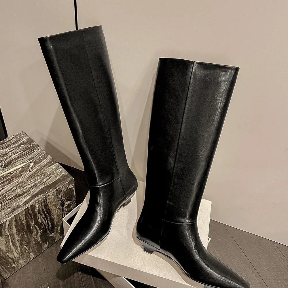 Aucegi New Trend Women Knee High Boots Genuine Leather Thick Heels Autumn Winter Pointed Toe Slip On Party Dress Office Shoes view 4