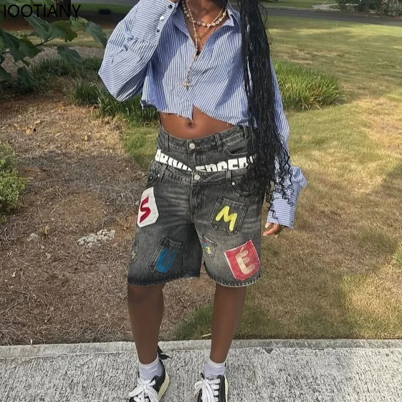 Vintage Letter Stitching Women's Men's Short Jeans Y2k Hip Hop Fake Two-piece Denim Shorts Loose Street Gothic Rock Clothing