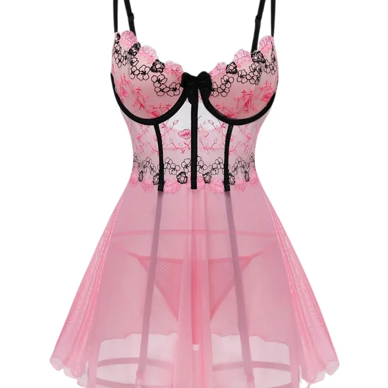 Sexy Transparent Embroidered Chemise Nightgown with Halter Neck And Thong See through Sleepwear Polyester Fabric Women's Role...