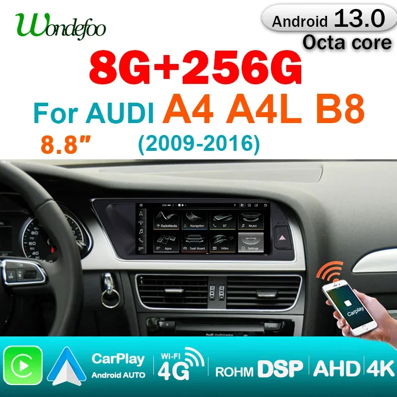 8.8'' Screen Wireless Carplay Android 13 Auto stereo 8GB 256GB CAR Radio Autoradio GPS For Audi A4 B8 2009-2016 4G LTE BT Google