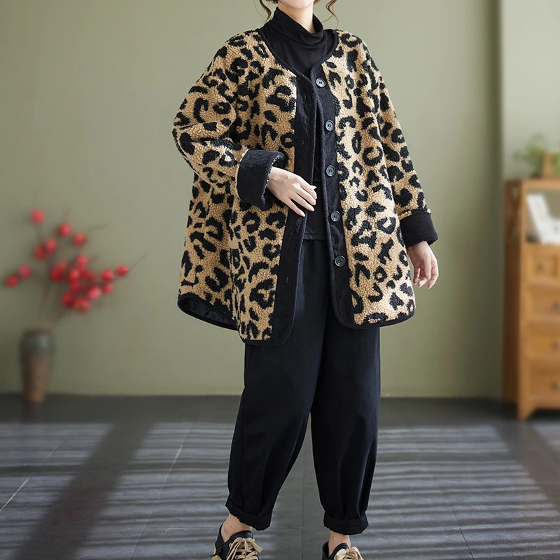 Leopard Print Loose Jacket, Plus Size Women\'s Polar Fleece Coat