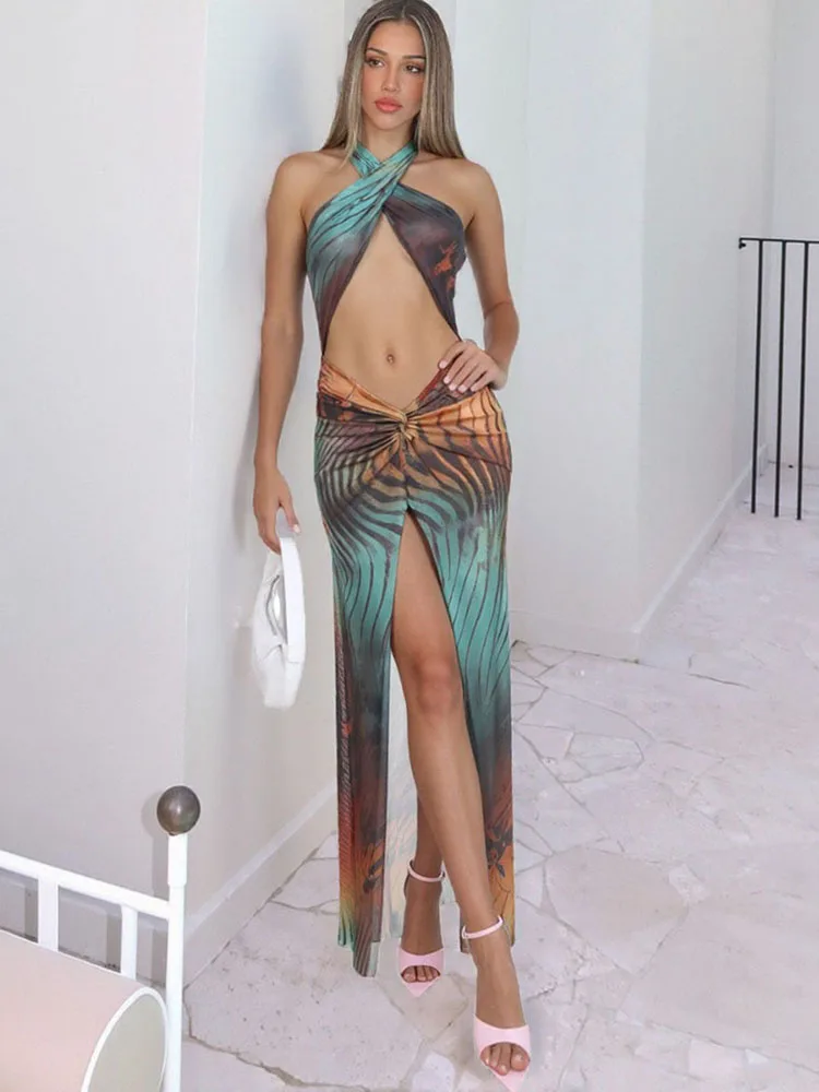 Kliou Panelled Halter Cross Women Dresses Sexy Mesh Thin Hollow Pleated Split Sleeveless Sheath Robe Mujer Trend Party Vestidos